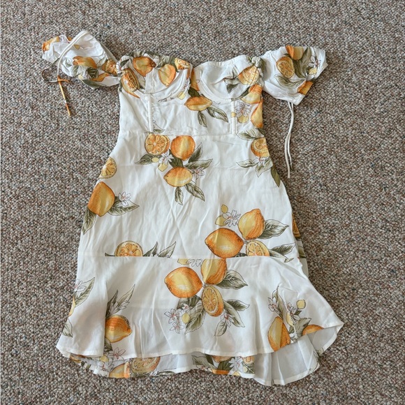 Floral Off-Shoulder Dress in White with Fruit Pattern - Picture 2 of 5